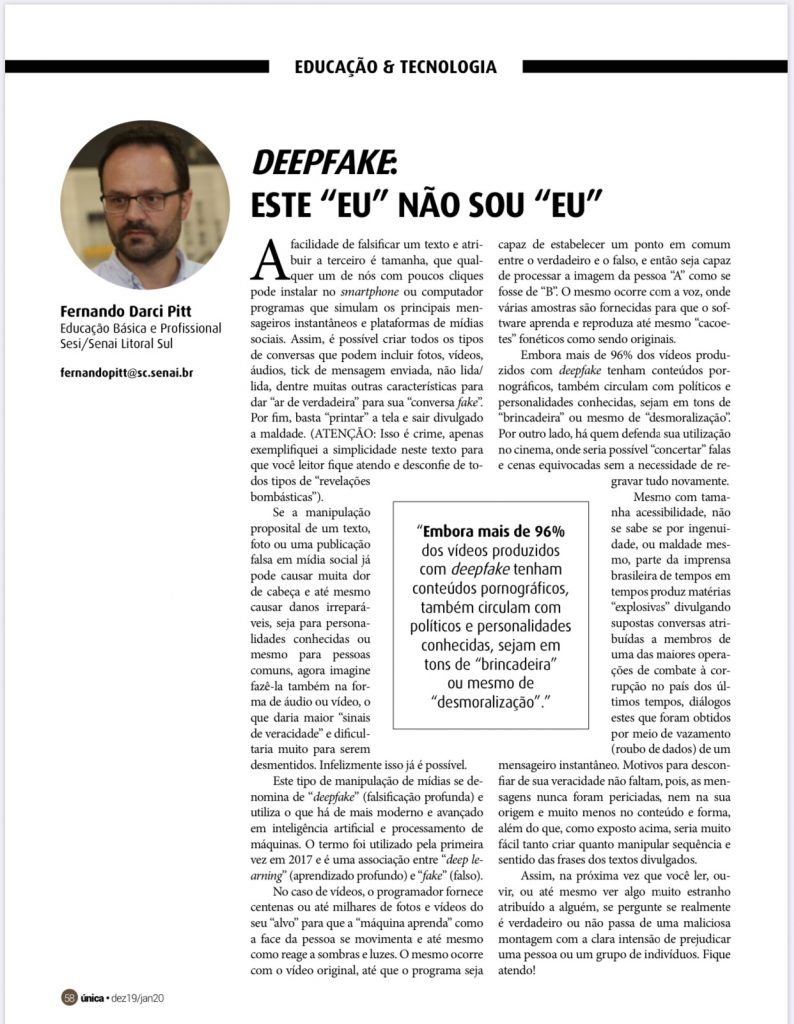 DeepFake, por Fernando Pitt na Revista Única.