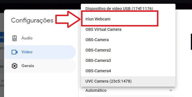 iriun como webcam no google meet