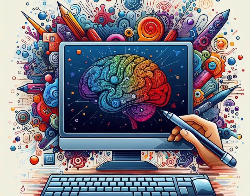imagem de uma cérebro sendo desenhado por uma pessoa no monitor de um computador