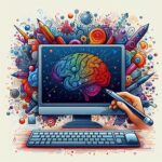 imagem de uma cérebro sendo desenhado por uma pessoa no monitor de um computador